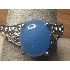 Karis Size 7.25 Burmese Blue Jade Simulated Peridot Platinum Bond Brass Ring